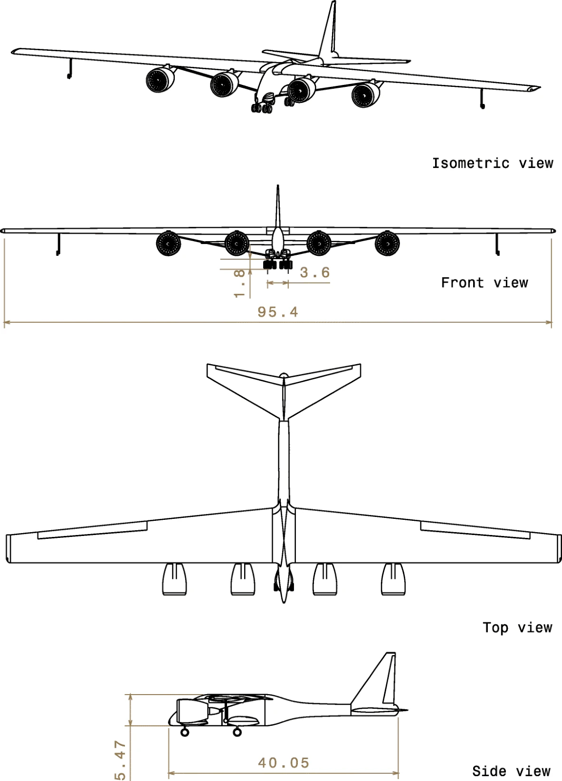 A diagram of a plane from four angles with a thin fuselage, wide wings, and four engines.