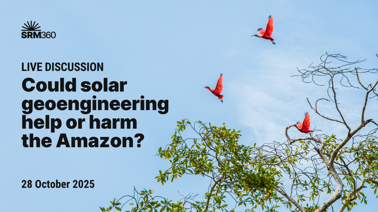 Three scarlet ibis flying near a tree with the sky in the background and the following text overlayed: Live Discussion: Could solar geoengineering help or harm the Amazon? 28 October 2025