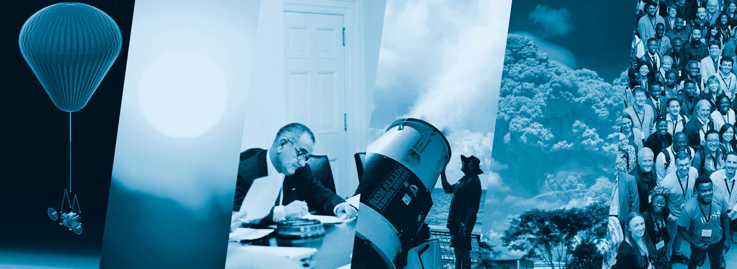 Blue-duotone photo montage: a stratospheric research balloon ascending, sunlight through clouds, a man signing a document, a telescope aboard a research vessel at sea, a volcanic ash eruption, and a large group of conference attendees.